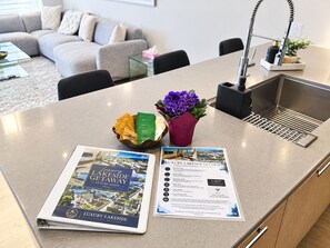 Un comptoir de cuisine avec une brochure, un bol de collations et une plante en pot.