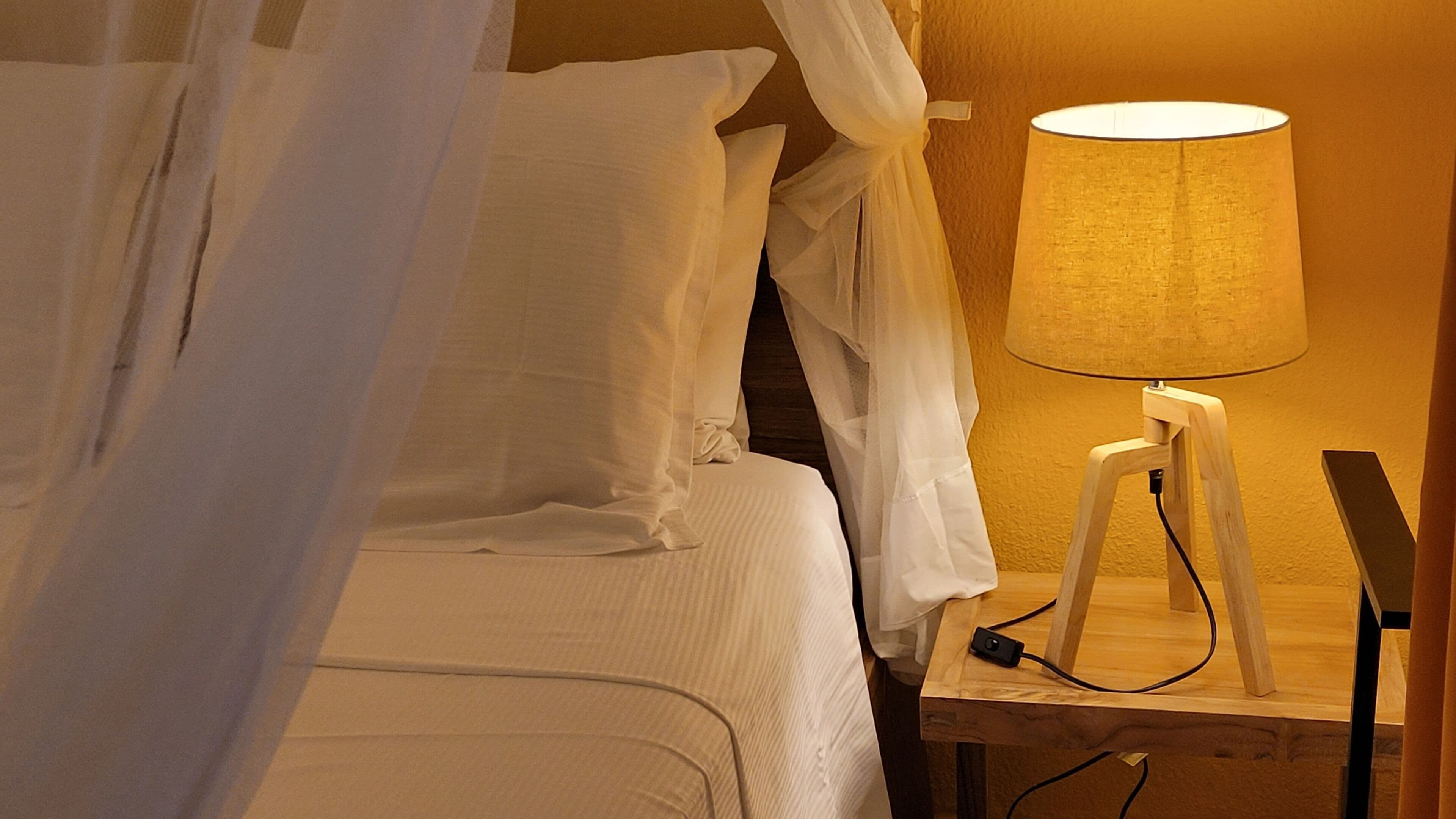A bed with white linens and a canopy, a bedside table with a lamp, and a power strip.
