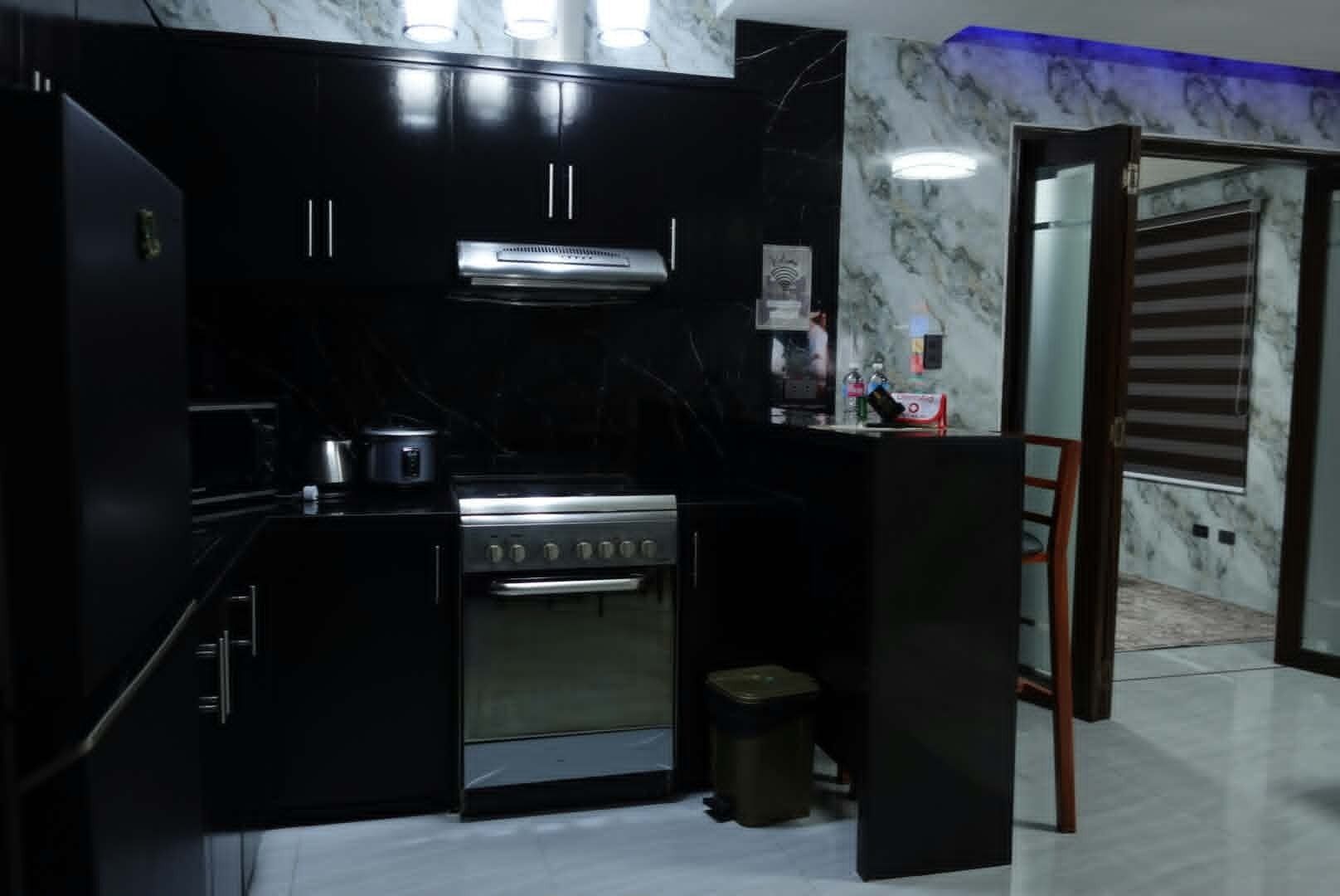 A kitchen with black cabinets, a stainless steel stove, and a marble backsplash.