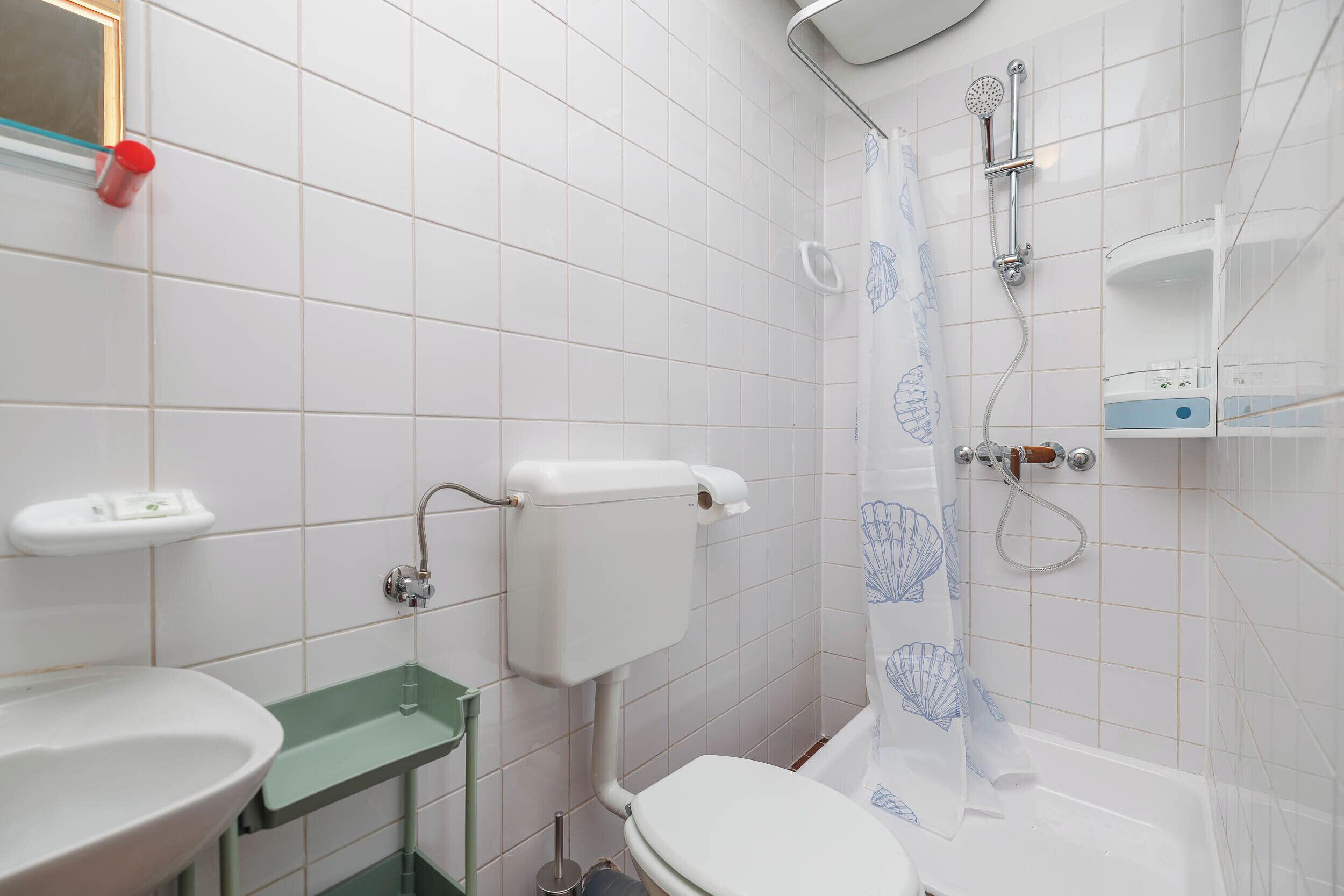 Baño con inodoro, lavamanos, ducha y estanterías.