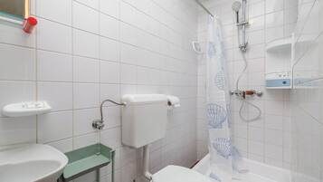 Baño con inodoro, lavamanos, ducha y estanterías.
