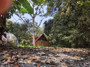 A wooden cabin with a red roof surrounded by dense foliage. - cabaña con baño interno, en el balcón jacuzzi (Quebradanegra)