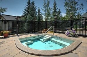Une piscine extérieure rectangulaire, entourée d’une clôture en métal noir, et agrémentée de plantes en pot et d’arbres.