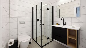 A modern bathroom with a glass-enclosed shower, a white toilet, and a black vanity with a mirror. - Spacious 4BR Apt l Sunny Balcony & Mamad (Bat Yam)