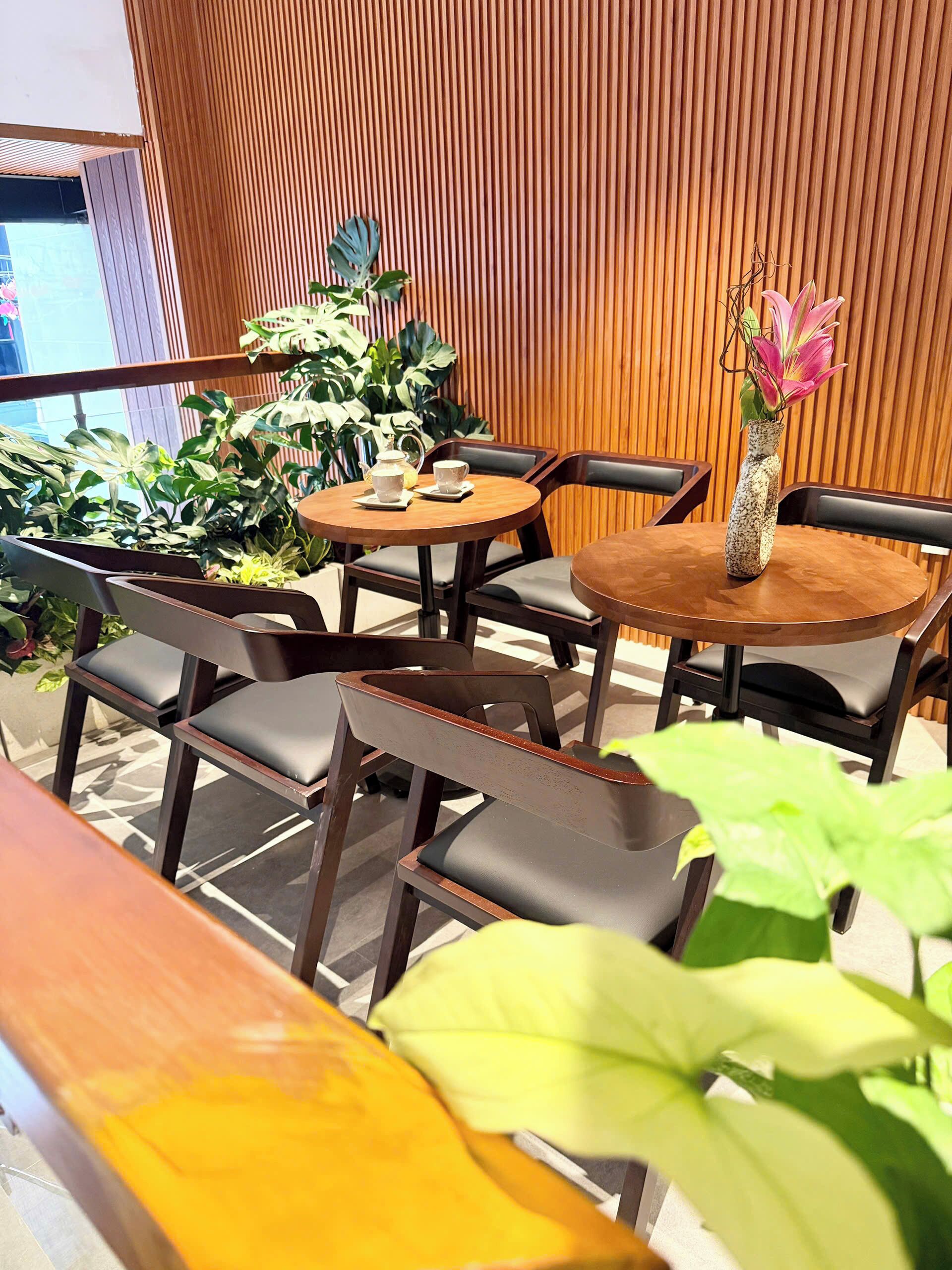 Un espace extérieur aménagé avec des tables et des chaises en bois, entouré d’une végétation luxuriante.