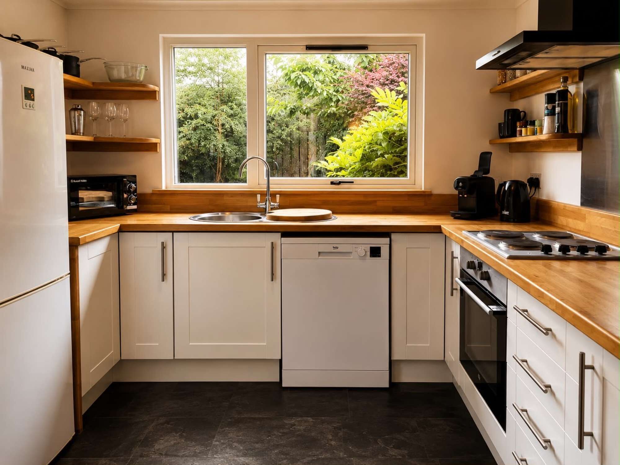 Fridge, microwave, oven, stovetop