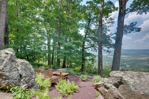 A forested area with a wooden bench and a rocky terrain. - Luxury Tudor Estate | Pool, Spa and Valley Views (Hazleton)