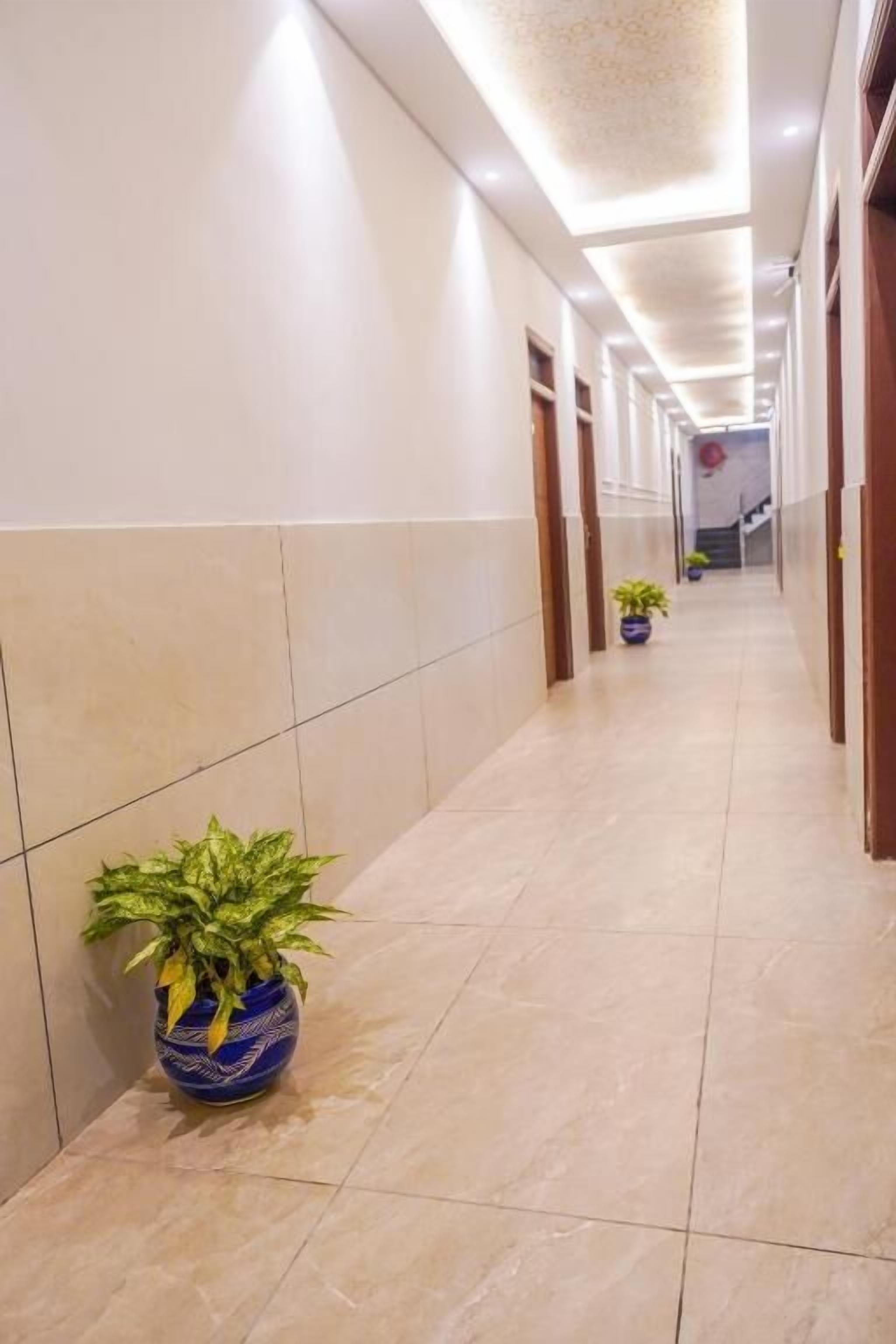 Een gang met plantenpotten, betegelde muren en deuren naar kamers.