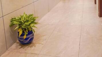 Een gang met plantenpotten, betegelde muren en deuren naar kamers.