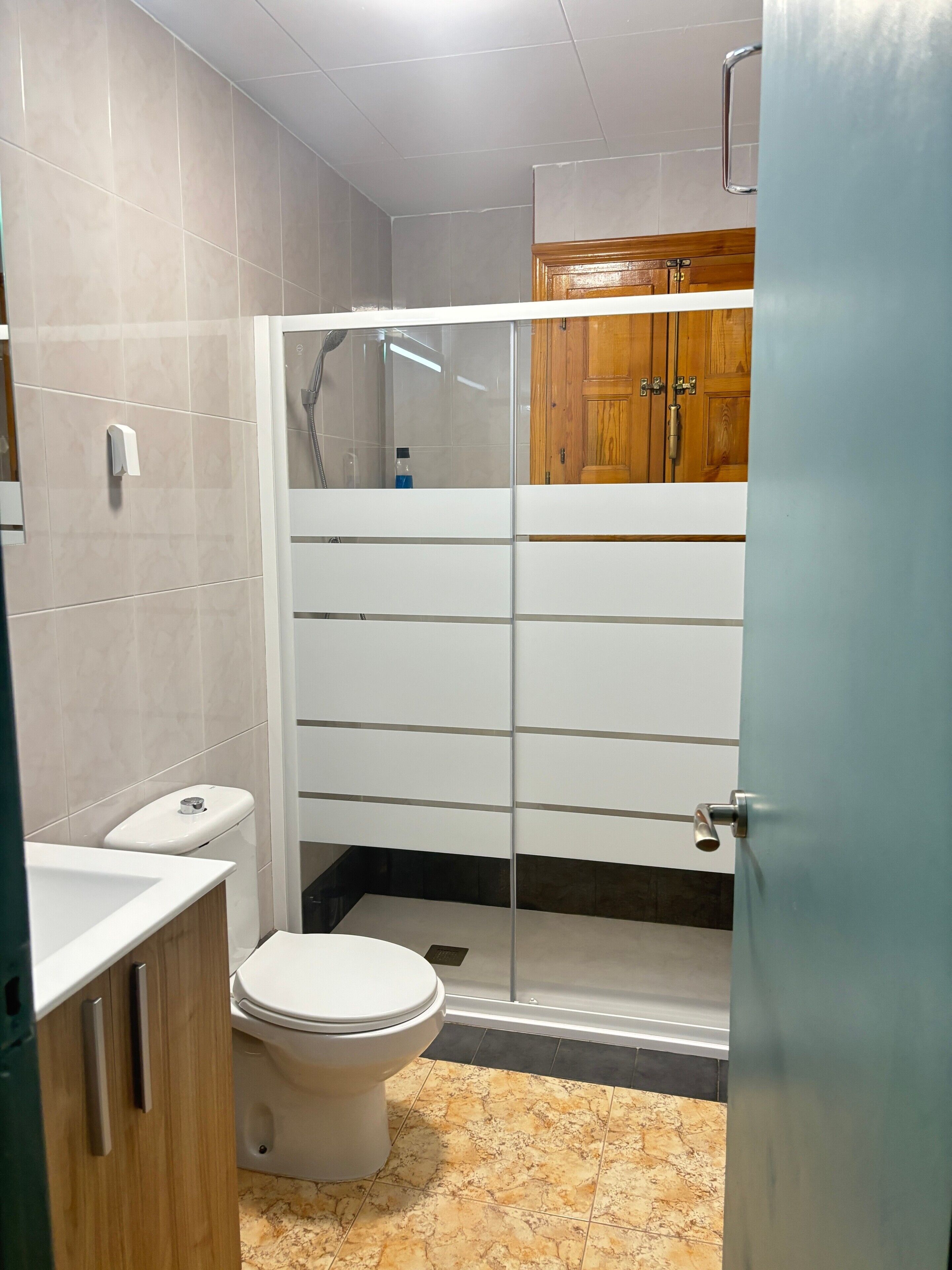 A bathroom with a toilet, a shower enclosure, and a wooden cabinet.