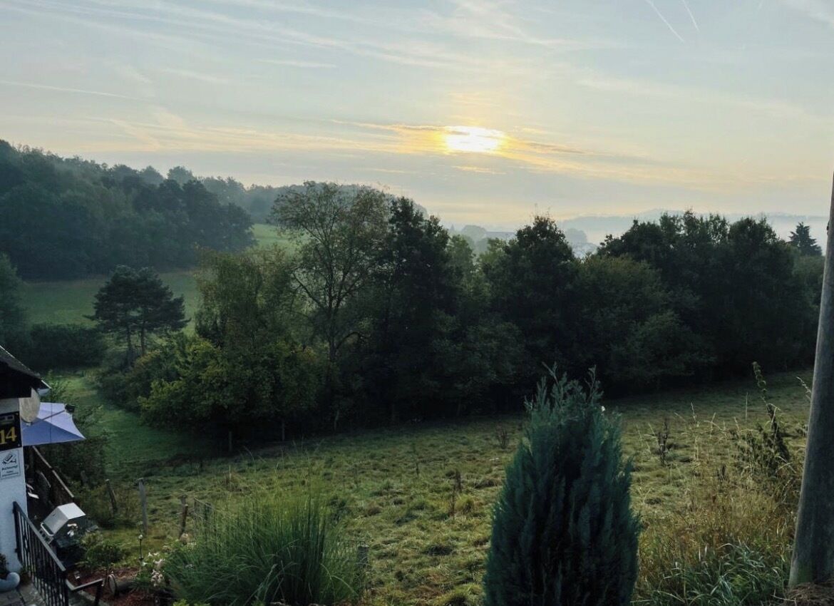 Ländliche Landschaft mit einem Gebäude, an dem die Zahl '14' angebracht ist, umgeben von Bäumen und Feldern.