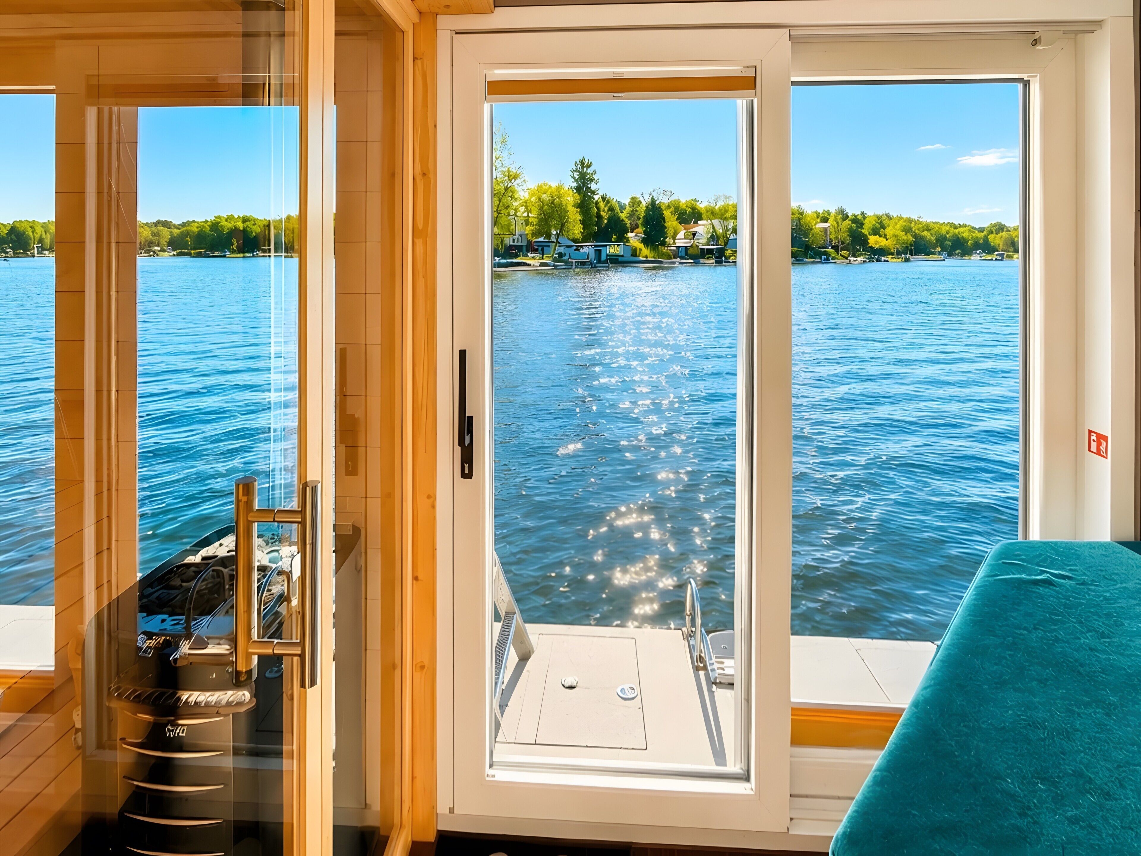 Ein Zimmer mit Seeblick, eine Tür zum Außenbereich und eine kleine Sitzgelegenheit mit Bank.