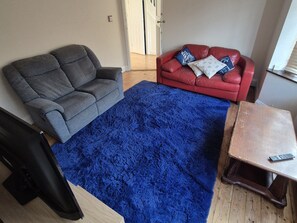 A room with a grey sofa, a red sofa with patterned cushions, a blue shag rug, and a wooden table with a remote control. - Modern 4-Bed Reading Home | Fast Wi-Fi & Garden (Reading)