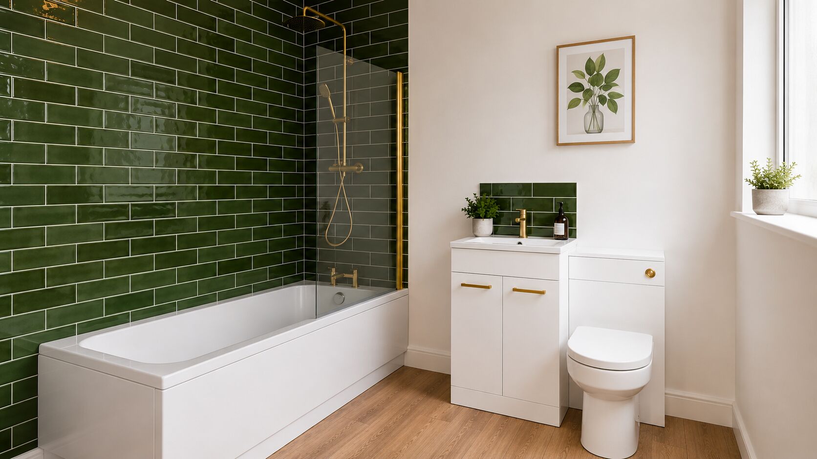 A bathroom with a white bathtub, a glass-enclosed shower, a white toilet, and a green-tiled wall.