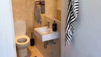 Combined shower/bathtub, deep-soaking bathtub, hair dryer, towels