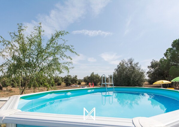 A swimming pool with a ladder, surrounded by trees and a clear sky.