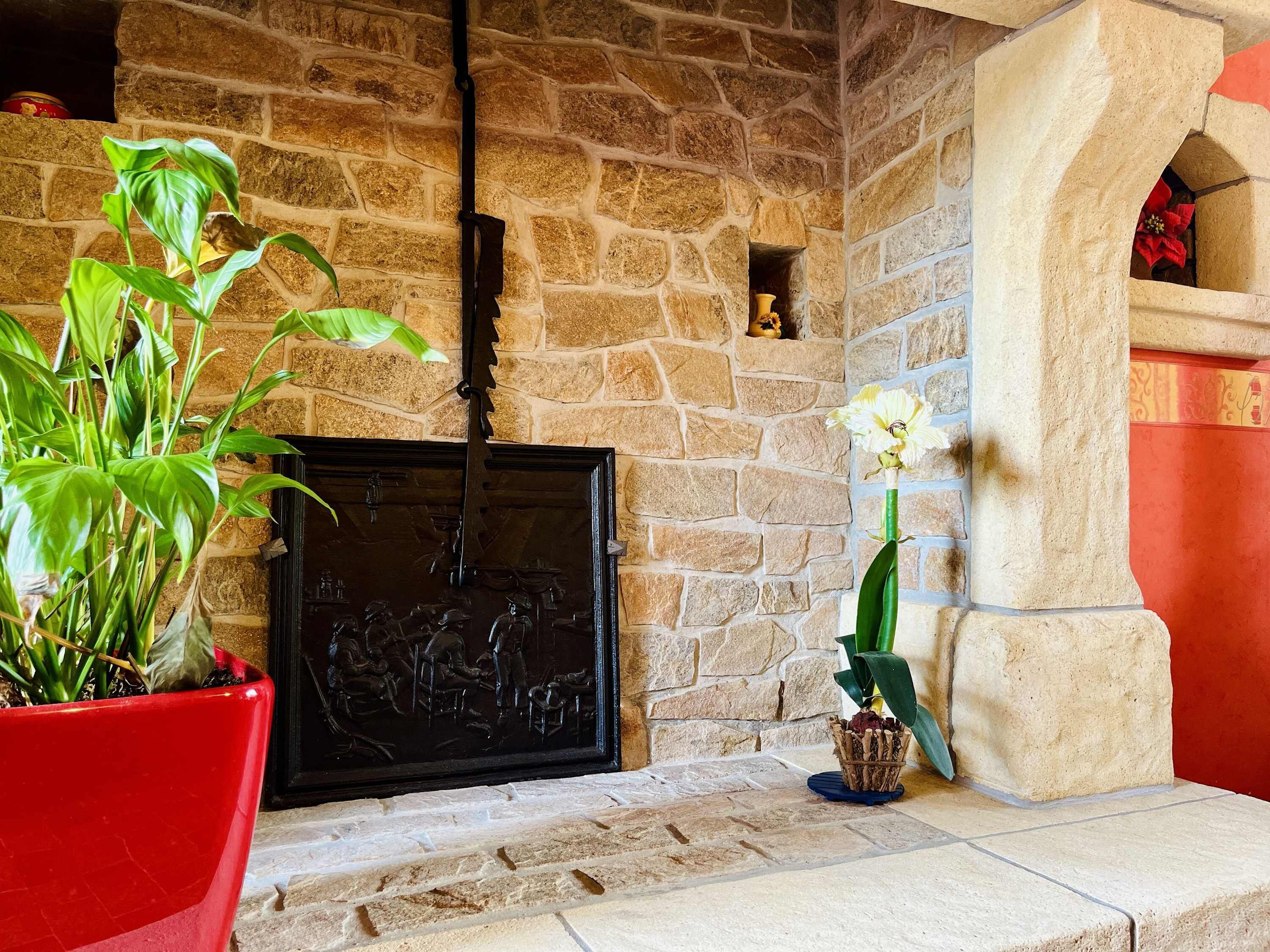 Una llar de pedra amb una reixeta metàl·lica decorativa, una planta vermella en test i un vas petit amb flors seques.