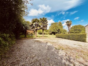 A gravel pathway leading through a garden with palm trees and a hedge. - Les Palmiers du Cotentin - 1 km from the sea (Aumeville-Lestre)