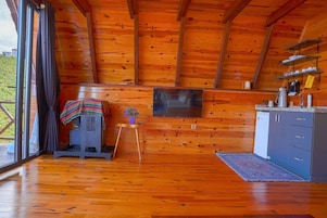A wooden cabin interior with a fireplace, a television, and a kitchen area.