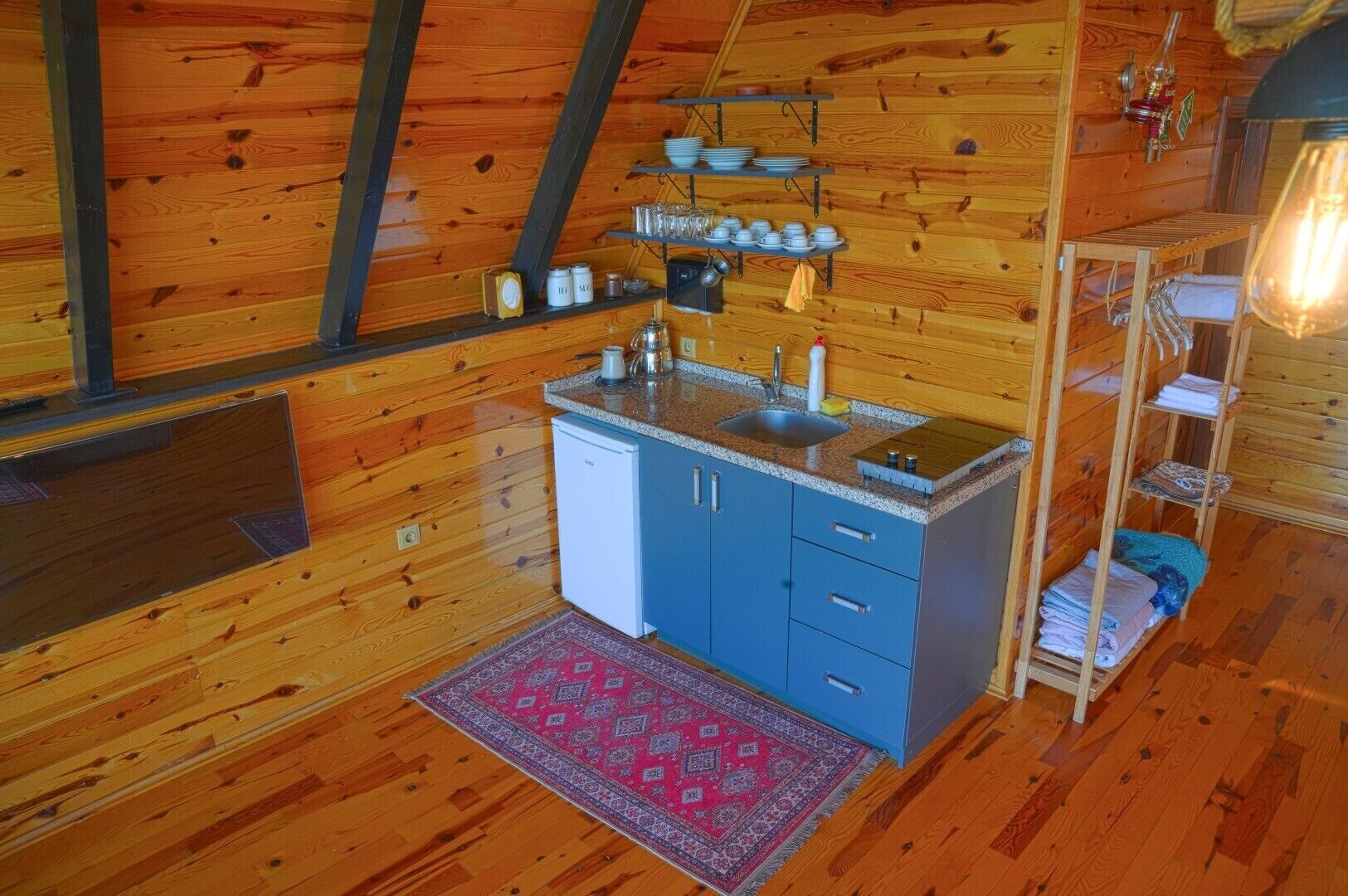 Mini-fridge, cookware/dishes/utensils, freezer, paper towels