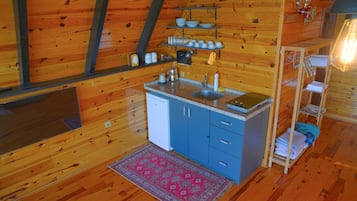 Mini-fridge, cookware/dishes/utensils, freezer, paper towels