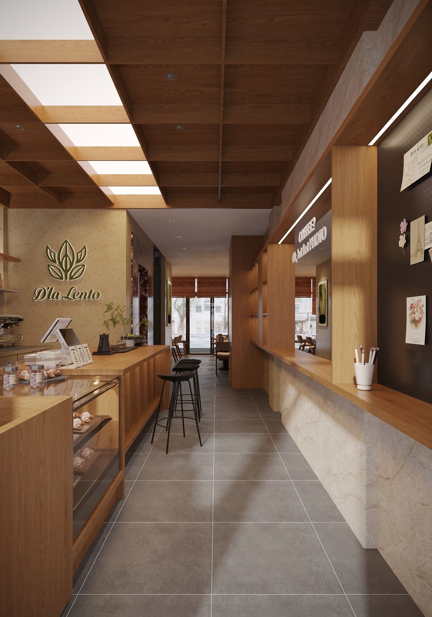 Ein modernes Café-Interieur mit Holzelementen, einer Theke mit Kaffeemaschine und einer Sitzgelegenheit.