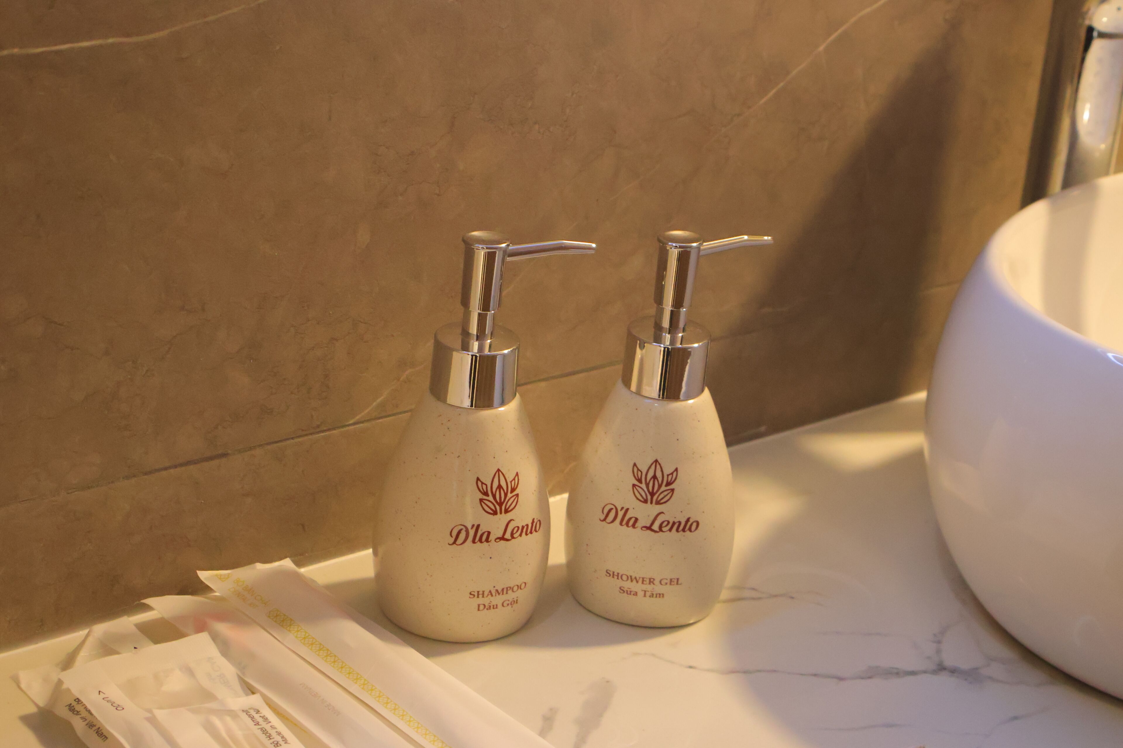 Hair dryer, towels, soap, shampoo