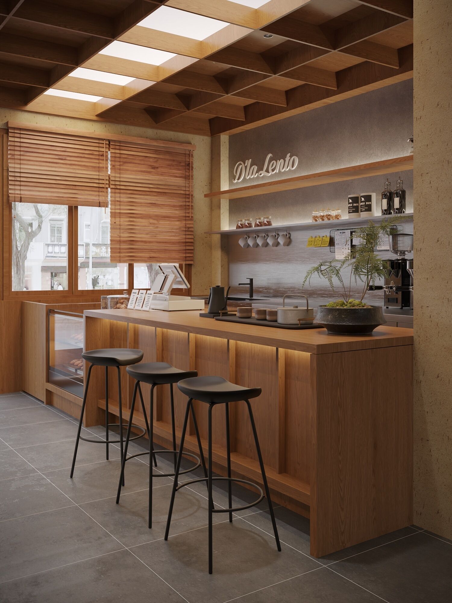 A modern bar area with a wooden counter, stools, and a sign reading 'D'la. Lento'.