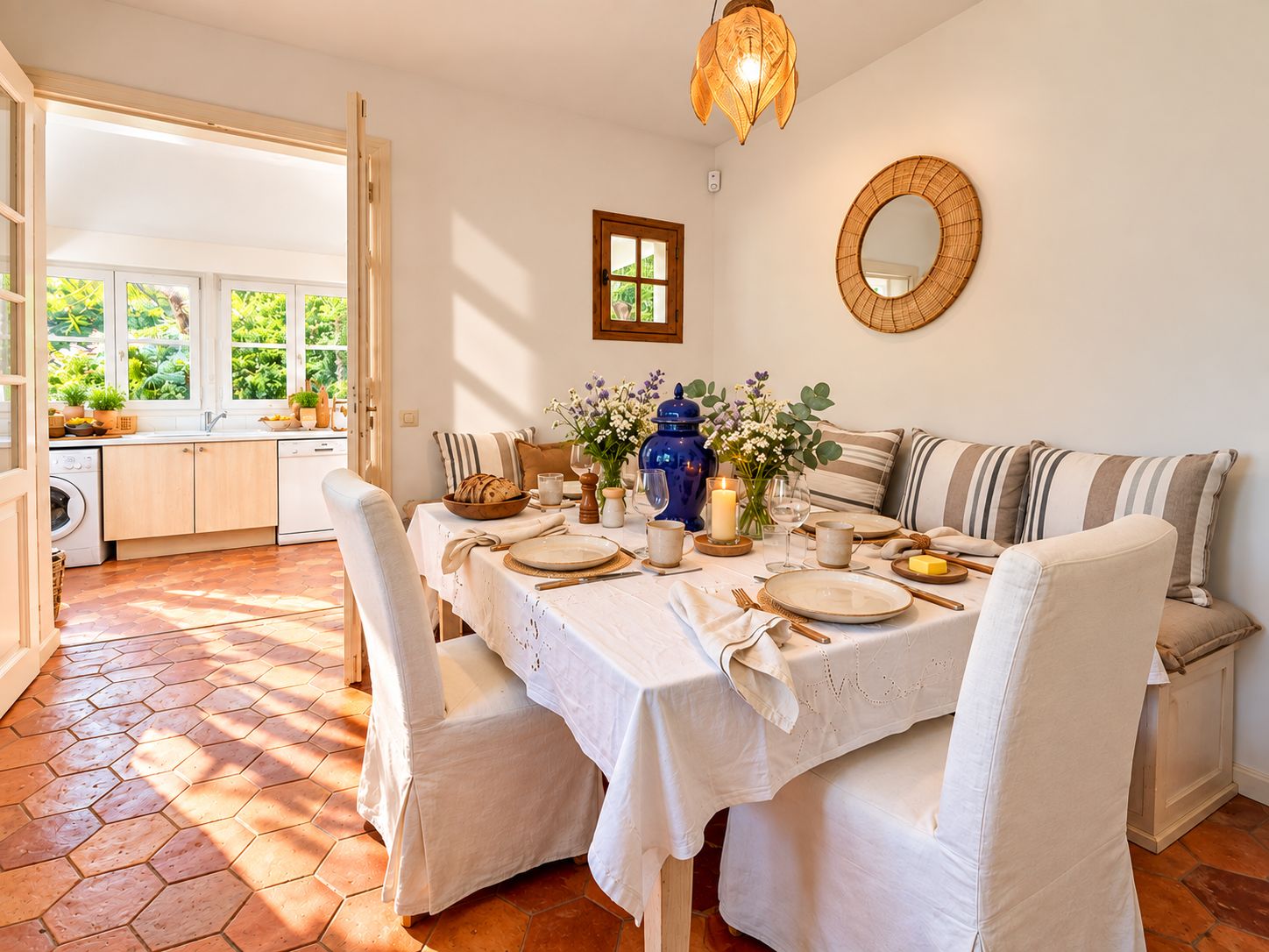 Un coin repas avec une table dressée pour quatre personnes, entourée de chaises, et offrant une vue sur la cuisine et le jardin grâce à de grandes fenêtres.
