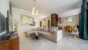 Premium Villa, 2 Bedrooms, Private Pool | Living area | 50-inch Smart TV with digital channels