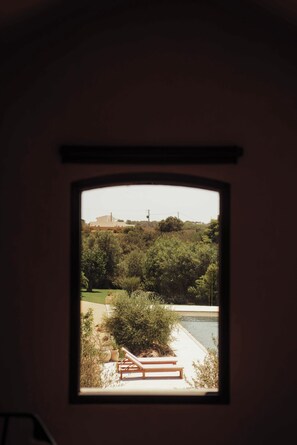 A window with a view of a garden, a pool, and a building in the distance.