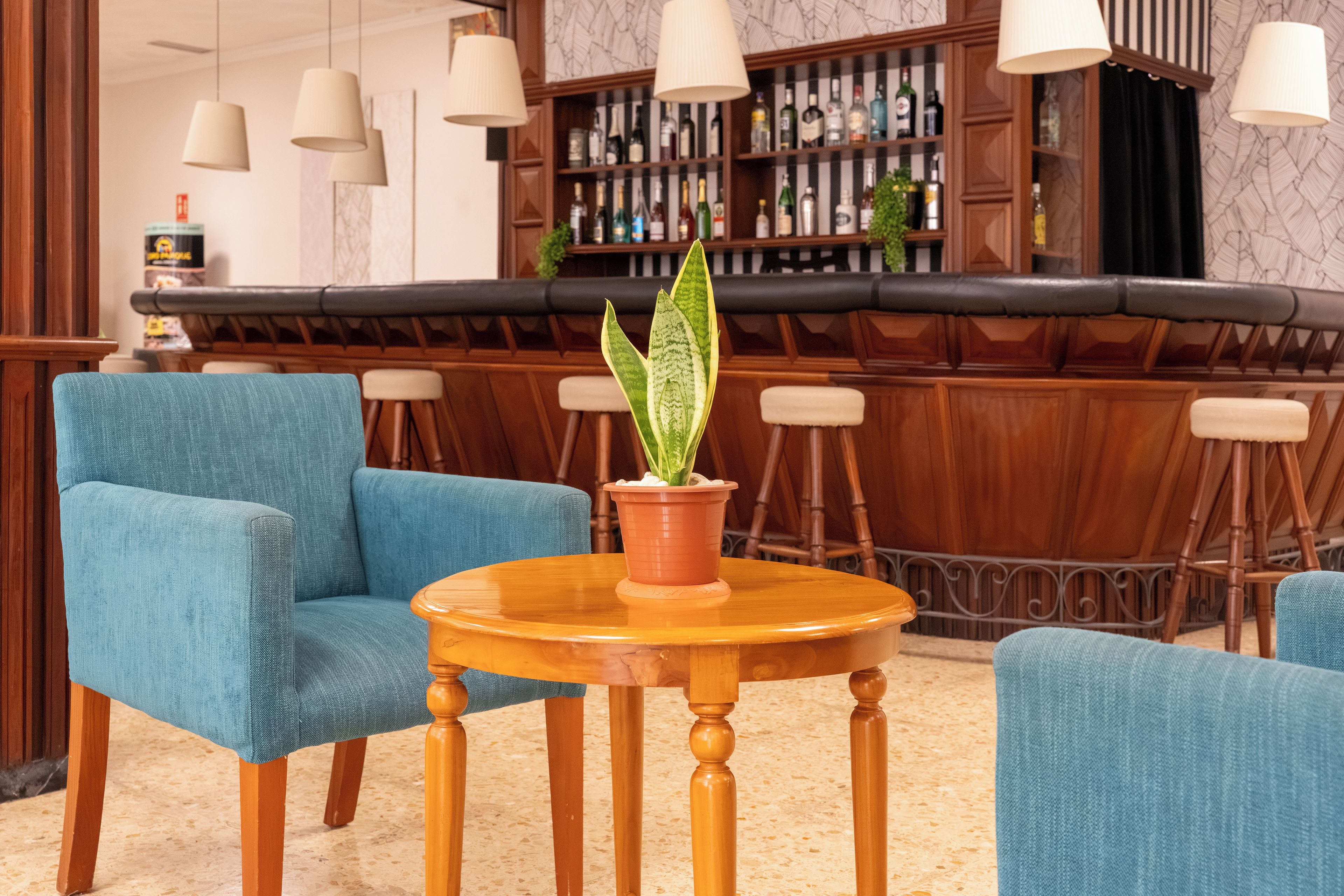 Zona de bar con mostrador de madera, sillas tapizadas en azul y una mesa redonda de madera con una planta en maceta.