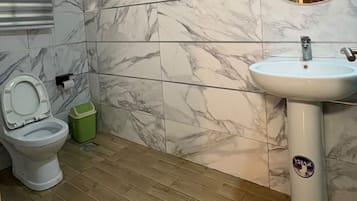Shower, bidet, towels, soap