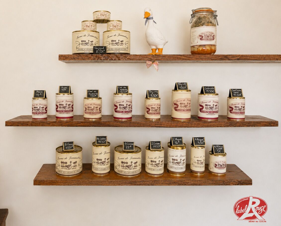 Three wooden shelves with canned goods and a duck decoration.