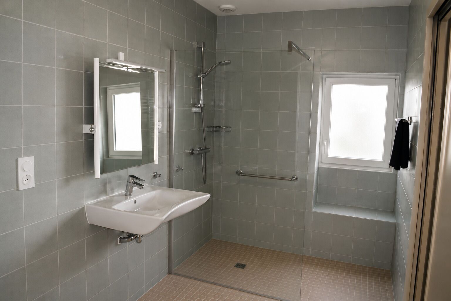 Une salle de bain avec un lavabo blanc, un miroir, une douche avec un pommeau de douche amovible et une baignoire.