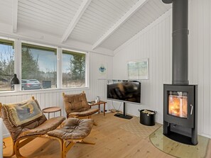 A cozy room with a fireplace, comfortable seating, a television, and large windows. - "Gudmunda" - 300m from the sea by Interhome (Jerup)