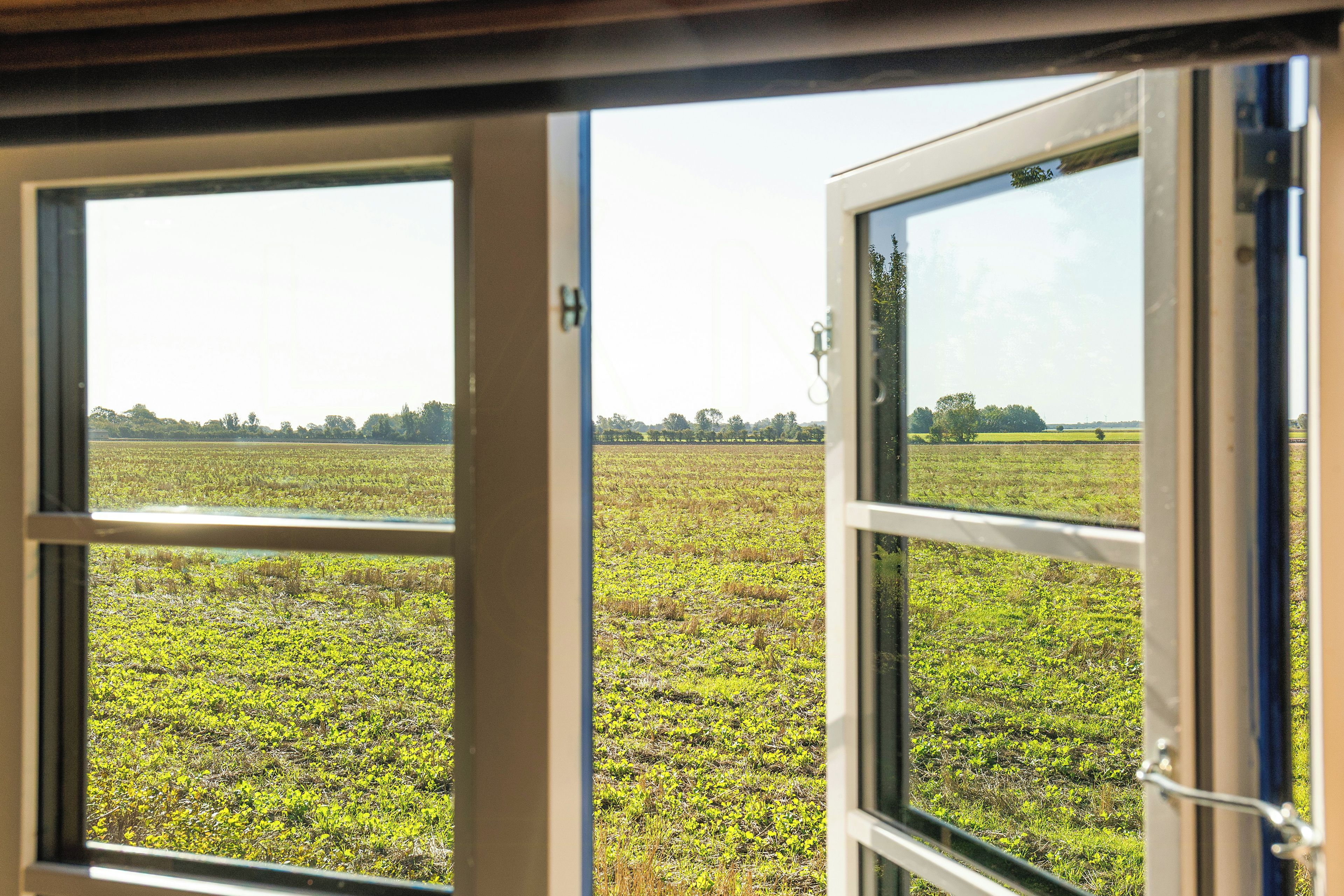 A view through a window with a metal frame, revealing a field with crops and a distant tree line.
