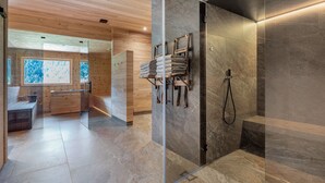 Un baño moderno con cabina de ducha de vidrio, un banco de madera y un perchero para toallas.