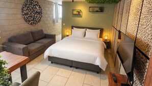 Un dormitorio moderno con una cama, un sofá, una mesita y un televisor.