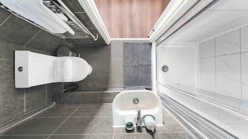 Shower, eco-friendly toiletries, hair dryer, towels