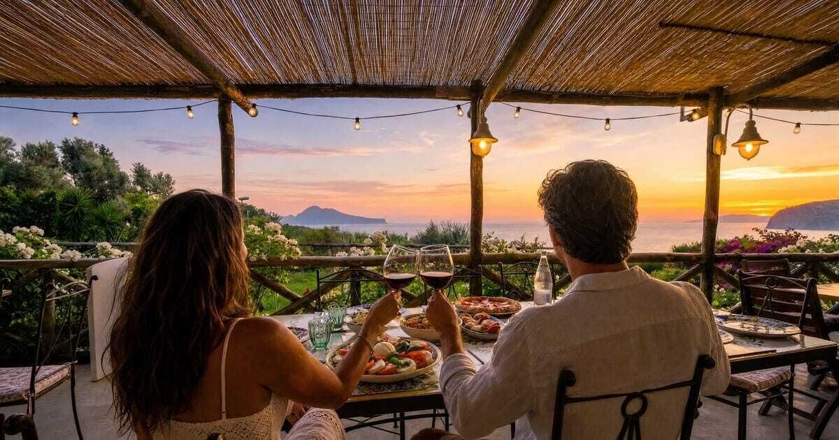 A couple dining at an outdoor table with a view of the sunset and landscape.