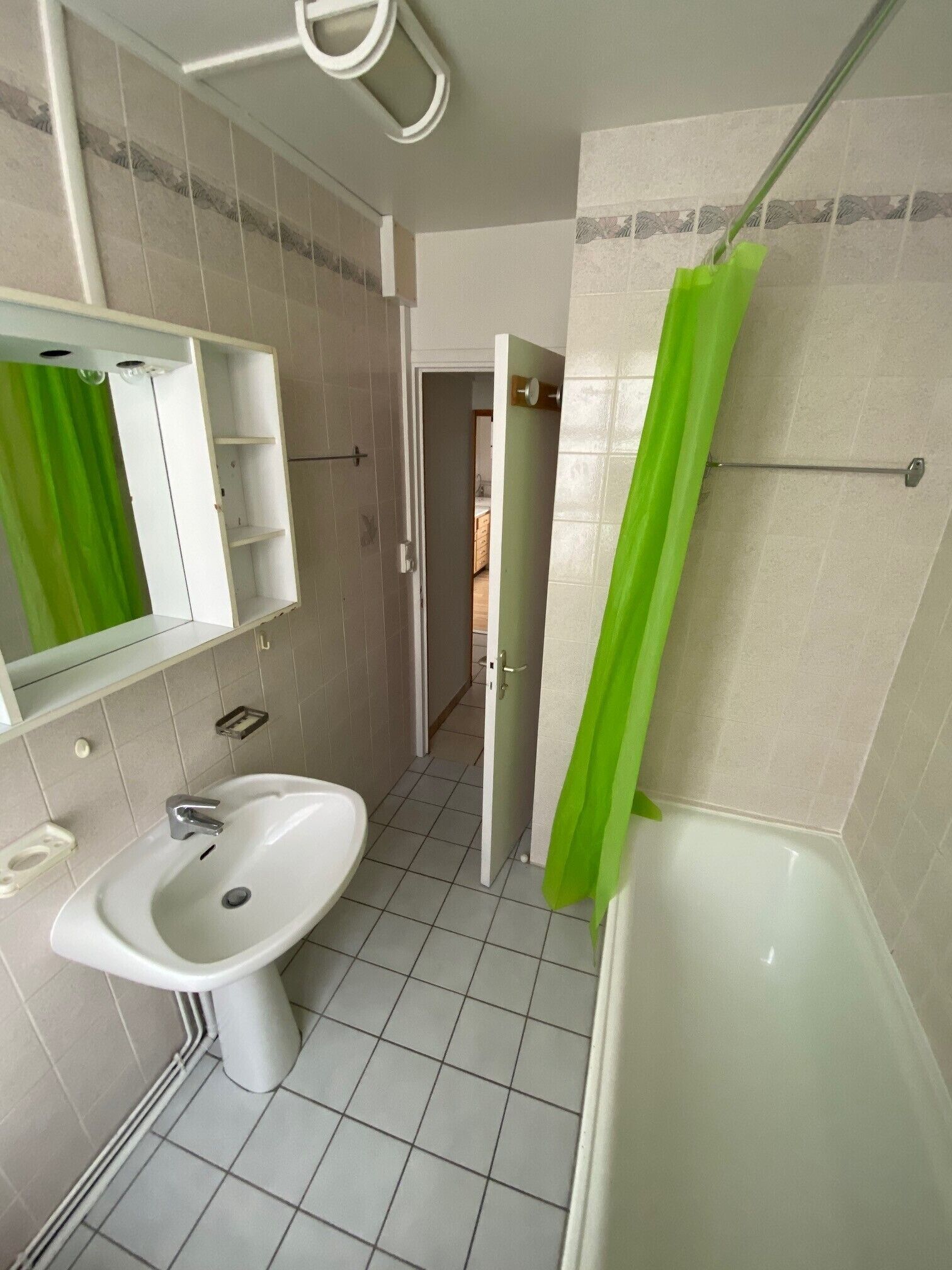 Une salle de bain avec un lavabo, un miroir et une douche.