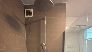 A shower with a handheld showerhead, a wall-mounted control panel, and a window with blinds.