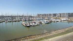 Una marina con numerosas embarcaciones amarradas, rodeada de edificios residenciales.