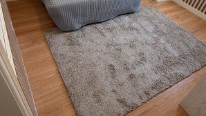 Habitació amb un sofà i una catifes sobre un terra de fusta, una finestra i una paret amb llistons verticals de fusta.