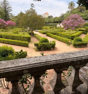 A formal garden with geometric hedges, a central tree, and a distant building. - Charming one-bedroom apartment near Belém, Lisbon (Lisboa)
