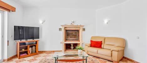 A living room with a television, a fireplace, a sofa, and a coffee table.