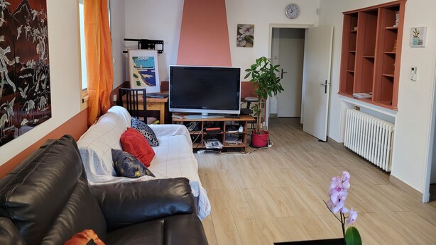 A living room with a sofa, TV, and a plant. - 3-bedroom house in serene Carry-le-Rouet with cool AC (Carry-le-Rouet)