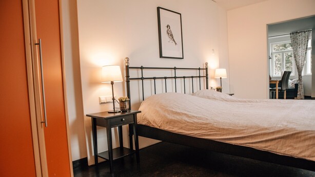 A bedroom with a bed, bedside lamps, a framed picture on the wall, and a window with curtains. - Apartment 'Ferienwohnung Ambiente Am Federsee' with Wi-Fi (Bad Buchau)
