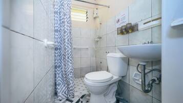 A bathroom with a toilet, a sink, and a shower.
